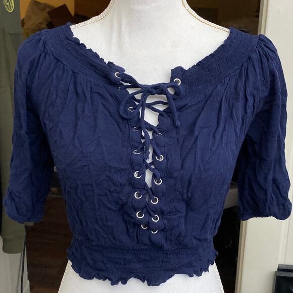 Lace Up Front Ruffled Cropped M Long Sleeve Blouse Top Navy Blue Pirate Medieval - Picture 8 of 8